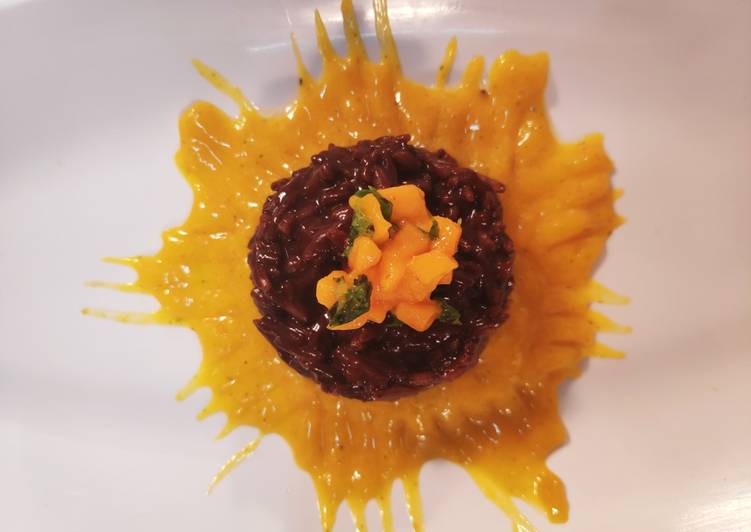 Chocolate risotto with mango salsa & mango puree