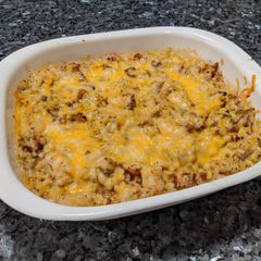 A picture of Cheesy Shrimp and Riced Cauliflower Casserole.