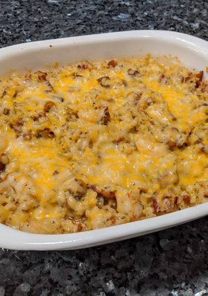 A picture of Cheesy Shrimp and Riced Cauliflower Casserole.