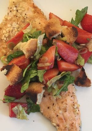 A picture of Almond Crusted Trout with Strawberry Salad.