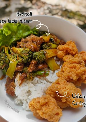Foto resep Rice bowl (Brokoli Sapi Lada Hitam dan Udang Crispy)