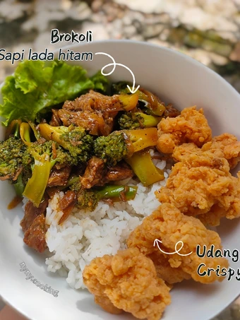 Cara Gampang Membuat Resep Rice bowl (Brokoli Sapi Lada Hitam dan Udang Crispy) yang Enak