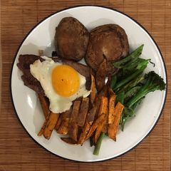 A picture of Bavette steak. Soy portobello mushrooms, sweet potato and greens.