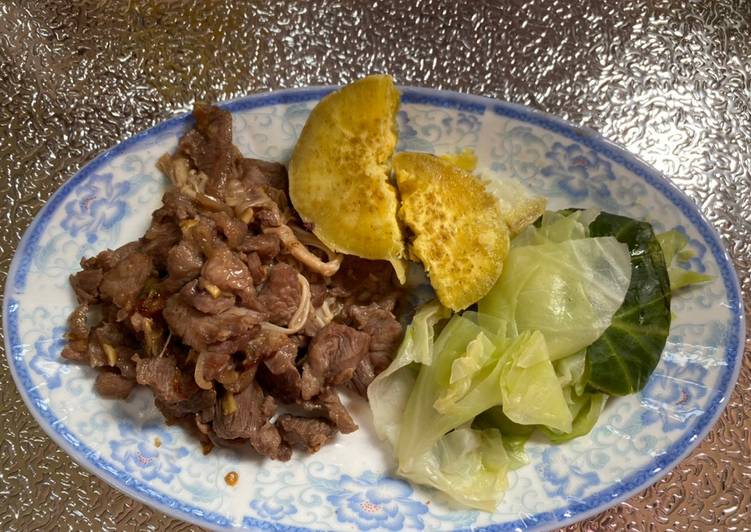 Thịt bò xào + bắp cải luộc+ khoai lang (eat clean)