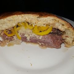 Stuffed corned beef in pretzel bread A picture of Stuffed corned beef in pretzel bread.
