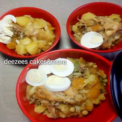 A picture of Veggie chicken irish with boiled egg.