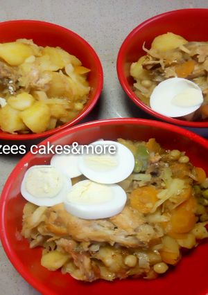 A picture of Veggie chicken irish with boiled egg.