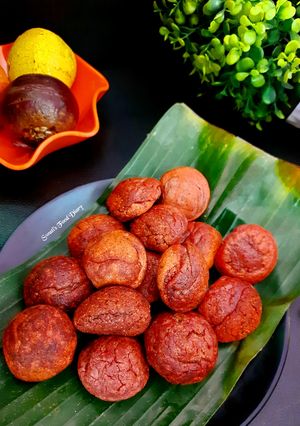 A picture of Paniyaram / Appam with Fruit and Vegetable Peels.