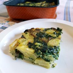 A picture of Potato omelette with spinach and mushroom (Frittata di patate con spinaci e funghi).