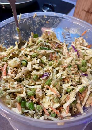 A picture of Coleslaw and Crispy Rice Salad with Chicken.