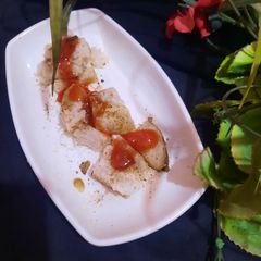 A picture of Kechup with sweet Smashed potatoes.