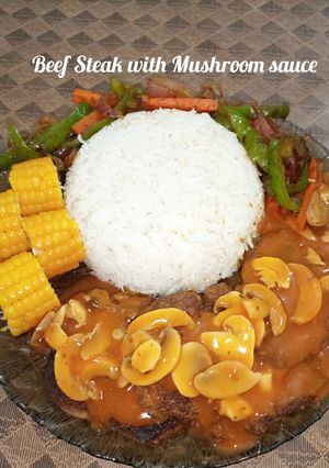 A picture of Beef Steak with Mushroom Sauce.