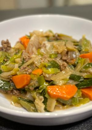 A picture of Syrian style leek stew with ground meat.