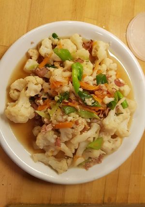 A picture of Cauliflower and bacon stir fly.