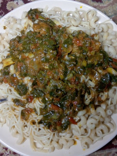 A picture of Macaroni and spaghetti with spring onion Sauce.