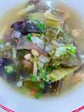 Sup sayur asin jamur kuping kincam, baso lotus Vegan