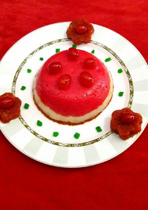 A picture of Red Velvet Rava Pudding with Carrot Halwa.