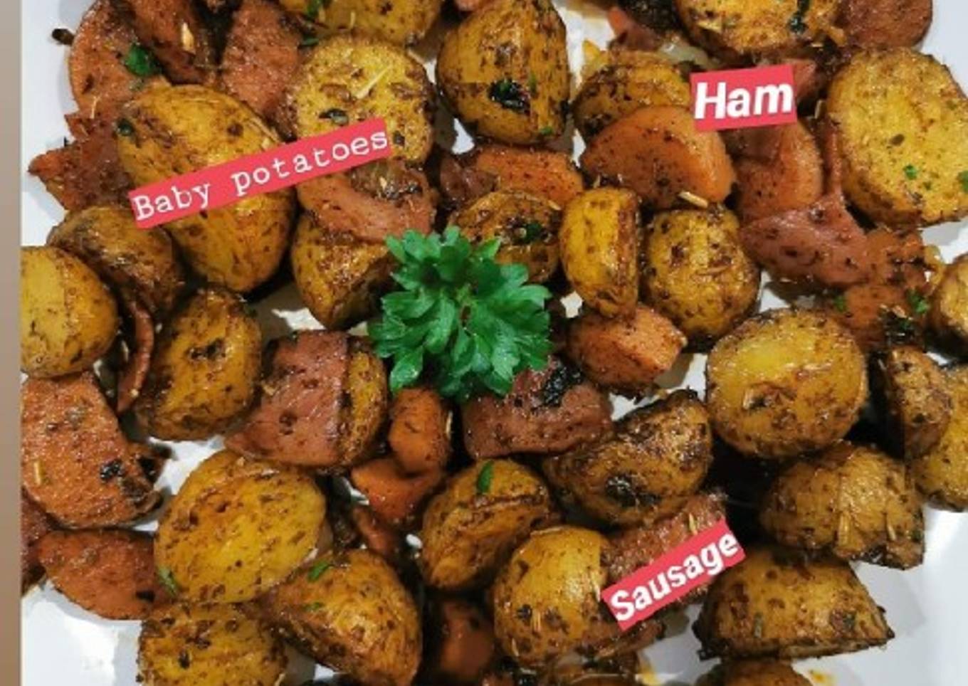 Roasted baby potatoes with ham n sausage