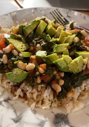 A picture of Brown Rice with Beans and Spinach.