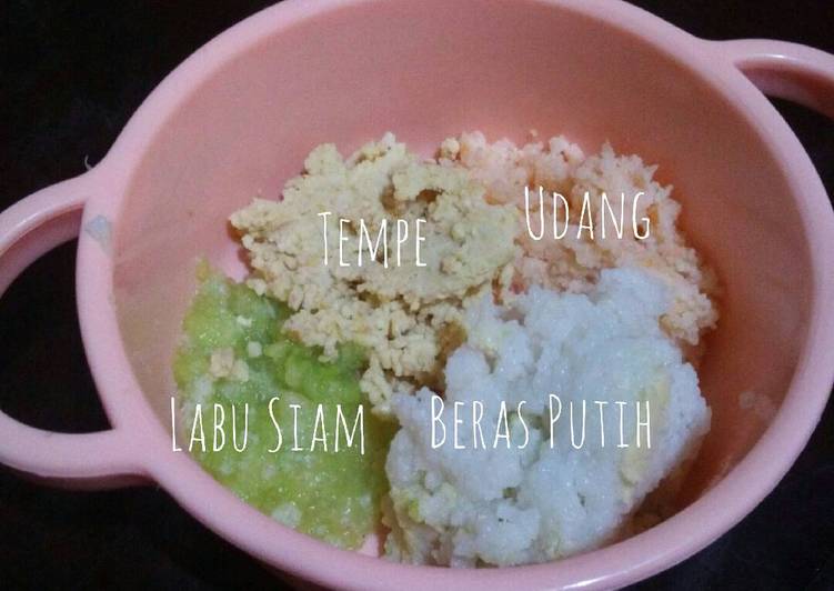 Bagaimana Menyiapkan 4* Beras Putih-Labu Siam-Tempe-Udang ~MPASI, Enak Banget