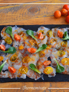 Una foto de Carpaccio de gambón y kumquats caramelizados con Thermomix