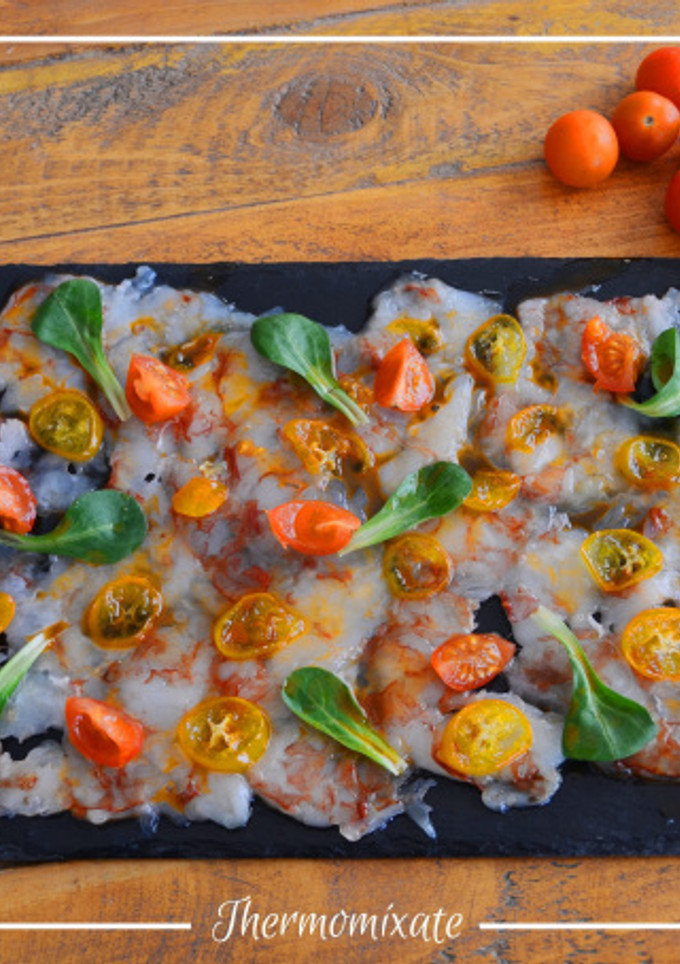 Una foto de Carpaccio de gambón y kumquats caramelizados con Thermomix