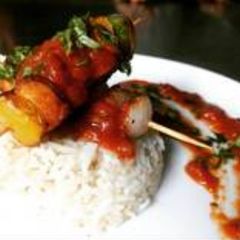 A picture of Cottage cheese shaslik with butter garlic rice.