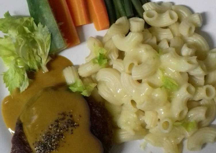 Beef burger + pasta and yellow souce👍