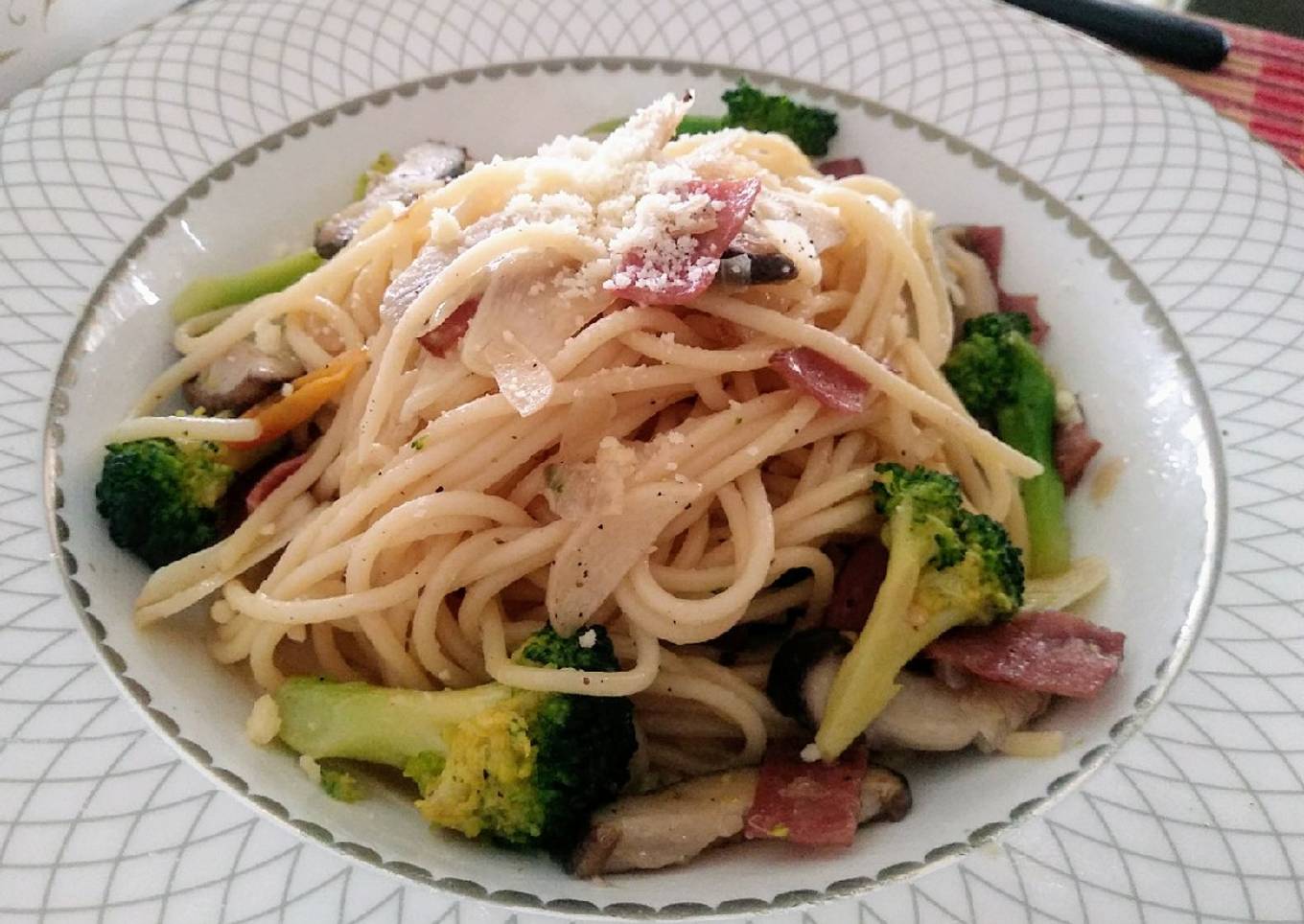 Spaghetti with Broccoli Mushroom Ham