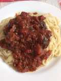 Cabellos ángel con carne en su salsa
