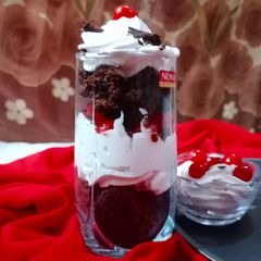 A picture of Black forest brownie trifles.