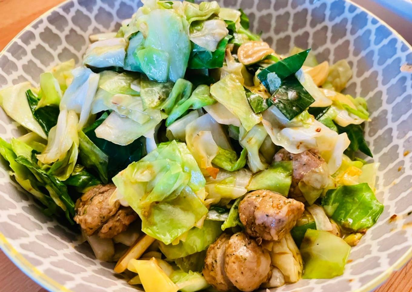 Caramelised onion sausage and sweetheart cabbage