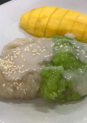 A picture of Mango Sticky Rice (Pandan-Infused Sticky Rice).