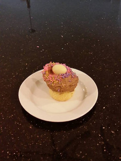 A picture of Cold Oven Pound Cake Cupcakes with Milk Chocolate Ganache Cream.