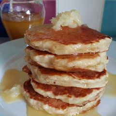 A picture of Vickys Pineapple Pancakes with Syrup, GF DF EF SF NF.