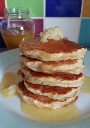 A picture of Vickys Pineapple Pancakes with Syrup, GF DF EF SF NF.