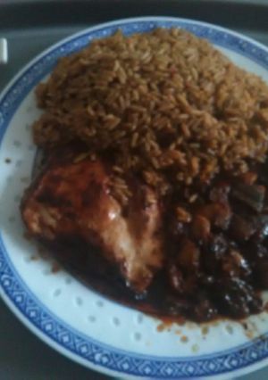 A picture of Japanese chicken breast in sticky yakiniku sauce egg fried rice.