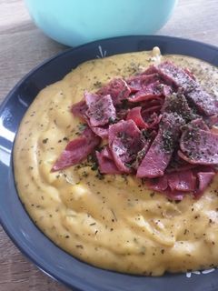 Foto resep Potato Onion Cream Soup with Cheddar Chunks and Beef Salami