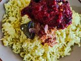 Nasi kuning rice cooker, tongkol masak habang (khas banjar)
