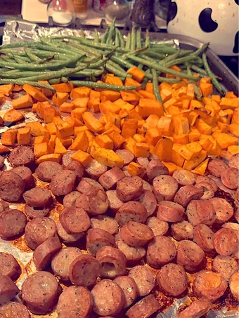 Easy Steps to Prepare Roasted chicken sausage, sweet potatoes, and fresh green beans the Perfect So Delicious