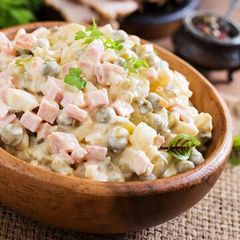 A picture of "Olivier Salad," also known as the "Russian Salad.".