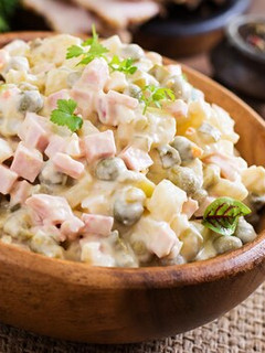 A picture of "Olivier Salad," also known as the "Russian Salad.".