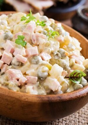 A picture of "Olivier Salad," also known as the "Russian Salad.".