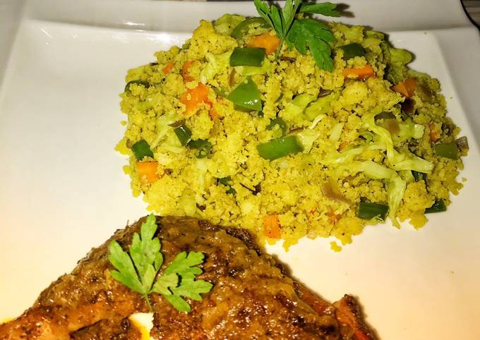 Vegetable couscous with tandoori chicken