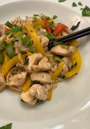 A picture of Chicken and Thai Noodles.