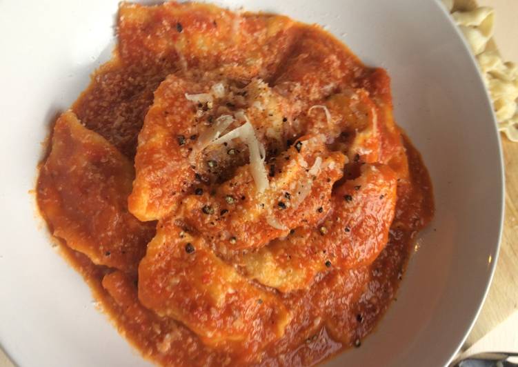 Lockdown butternut squash and ricotta ravioli, with tomato sauce