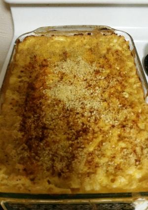 A picture of Homestyle baked macaroni and cheese.