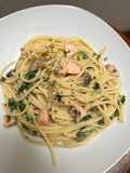 Spaghetti Creamy Spinach Mushroom with Salmon