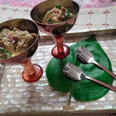 Date and cashew nuts rabdi with paan patta flavour Mousse A picture of Date and cashew nuts rabdi with paan patta flavour Mousse.