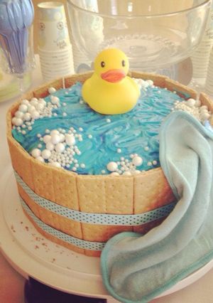 A picture of Rubber ducky baby shower cake.
